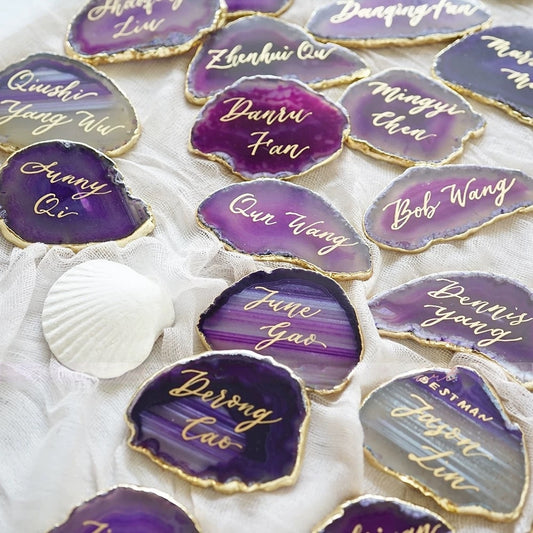 Purple Gold Plated Edge Agate Slice: Natural Stone Place Cards (2.5-3.5")