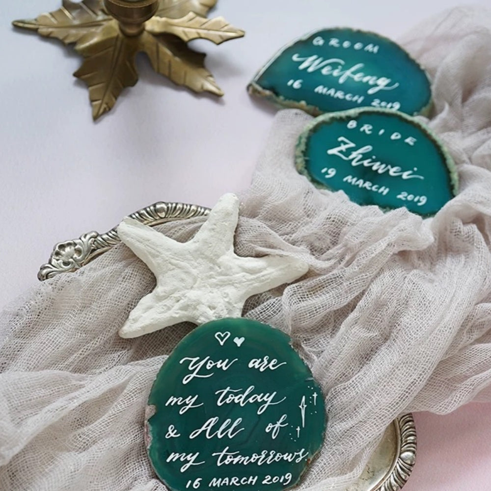 Green Gold Plated Edge Agate Slice: Natural Stone Place Cards (2.5-3.5")