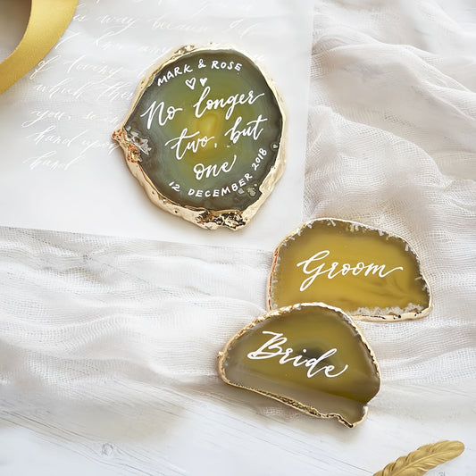 Yellow Gold Plated Edge Agate Slice: Natural Stone Place Cards (2.5-3.5")