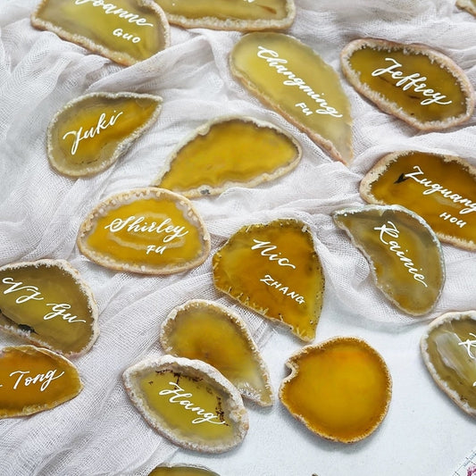 Yellow Gold Plated Edge Agate Slice: Natural Stone Place Cards (2.5-3.5")