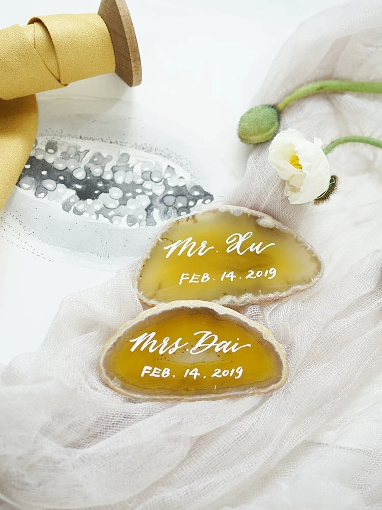 Yellow Gold Plated Edge Agate Slice: Natural Stone Place Cards (2.5-3.5")