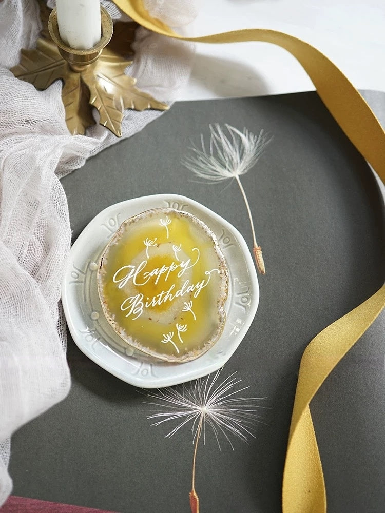 Yellow Gold Plated Edge Agate Slice: Natural Stone Place Cards (2.5-3.5")
