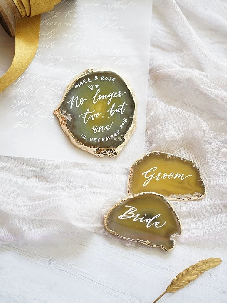 Yellow Gold Plated Edge Agate Slice: Natural Stone Place Cards (2.5-3.5")