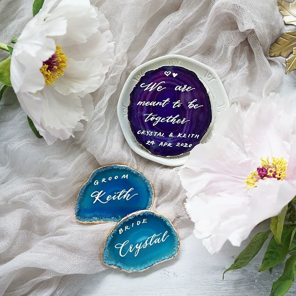 BLUE Gold Plated Edge Agate Slice: Natural Stone Place Cards (2.5-3.5")