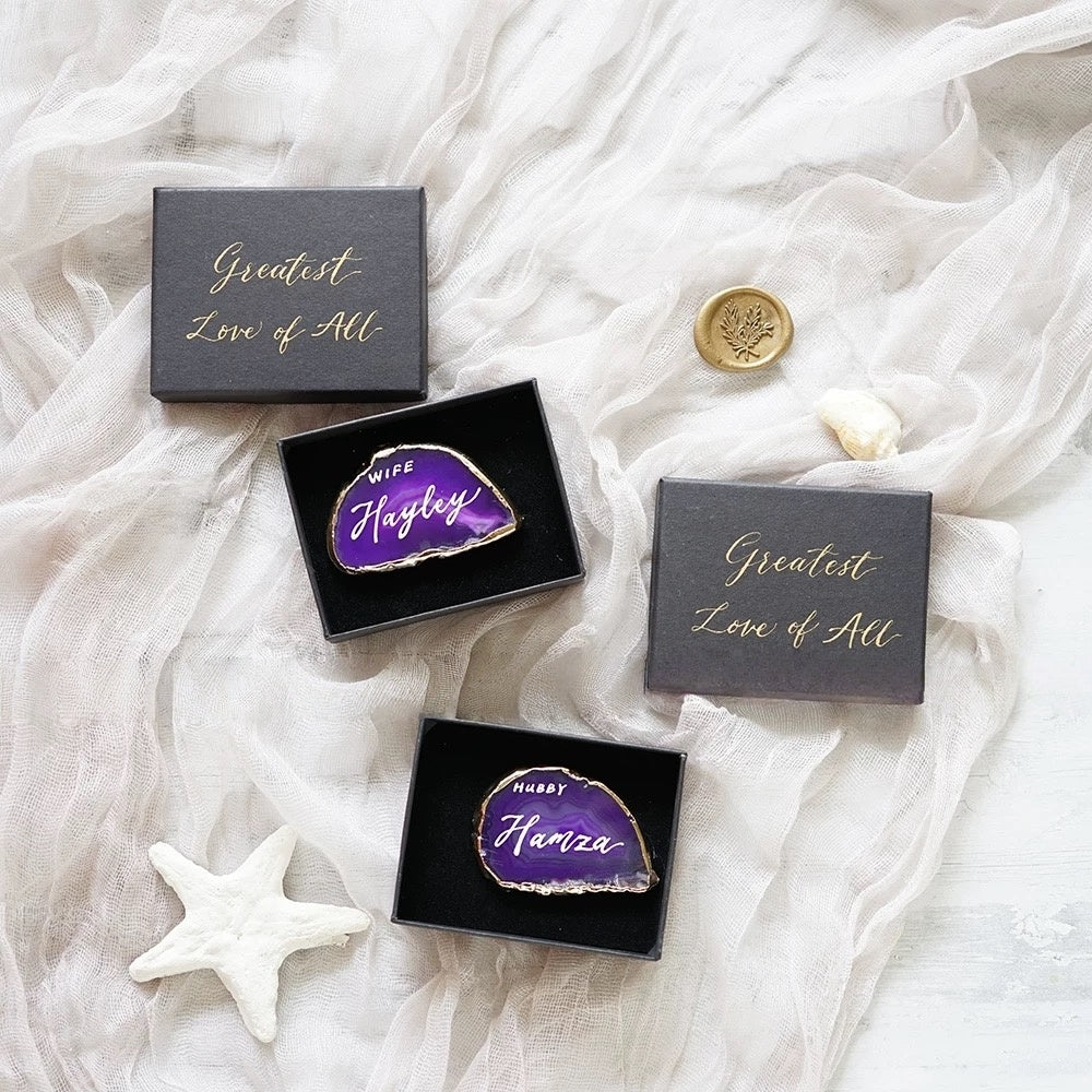 Purple Gold Plated Edge Agate Slice: Natural Stone Place Cards (2.5-3.5")