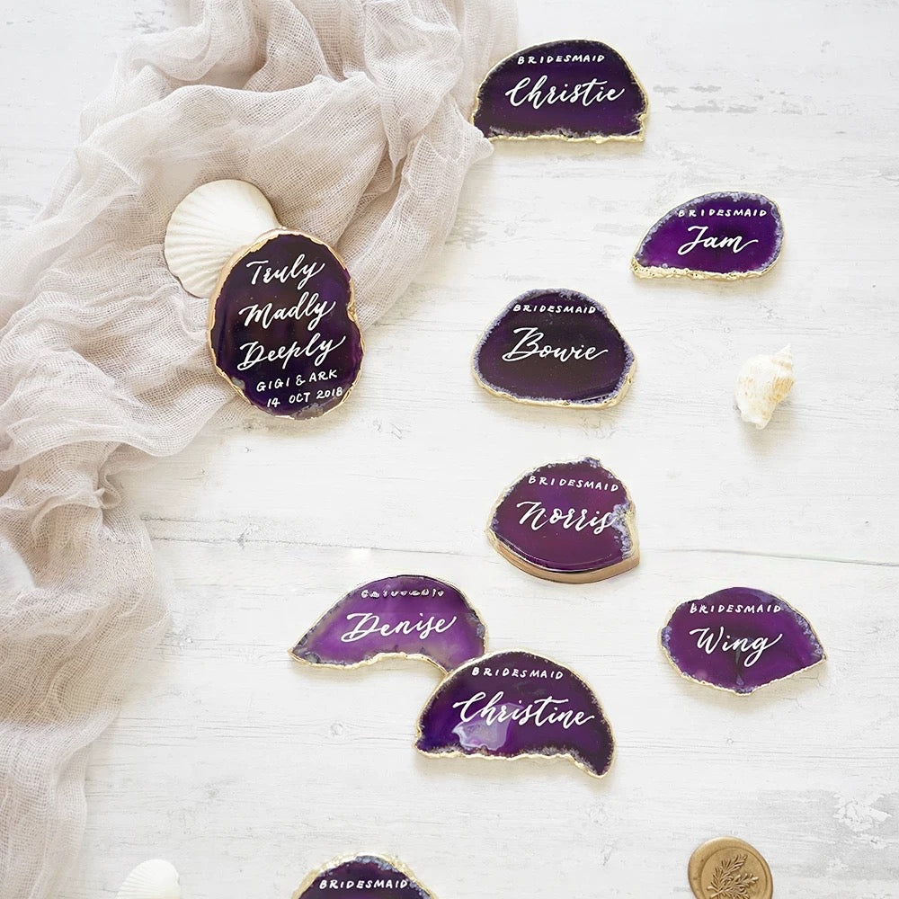 Agate Slice with Calligraphy : Natural Stone Place Cards (2.5-3.5")