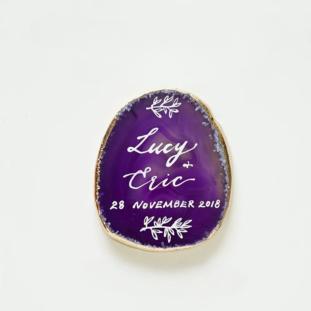 Purple Gold Plated Edge Agate Slice: Natural Stone Place Cards (2.5-3.5")