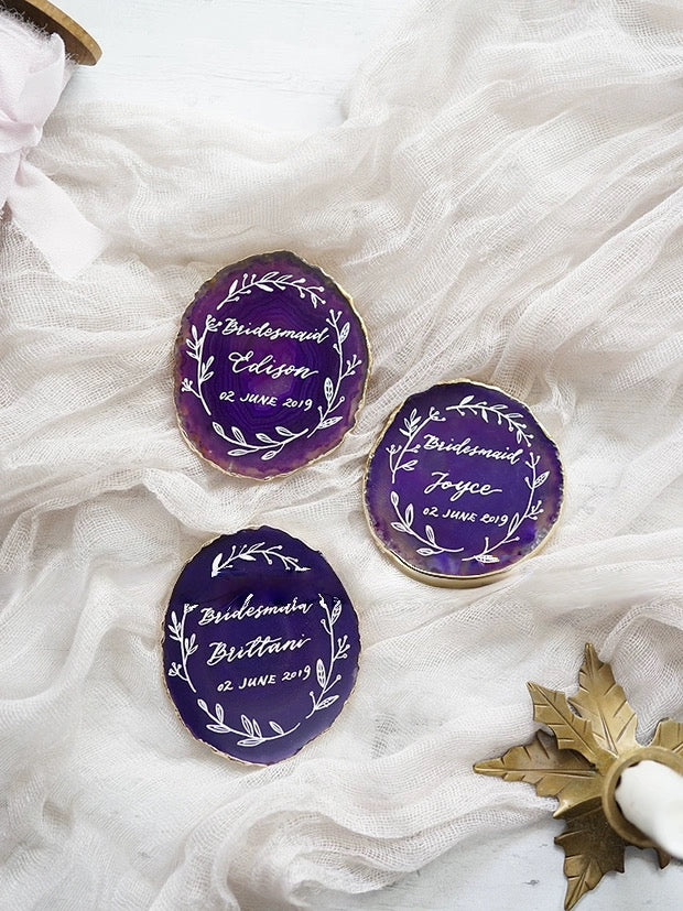 Purple Gold Plated Edge Agate Slice: Natural Stone Place Cards (2.5-3.5")