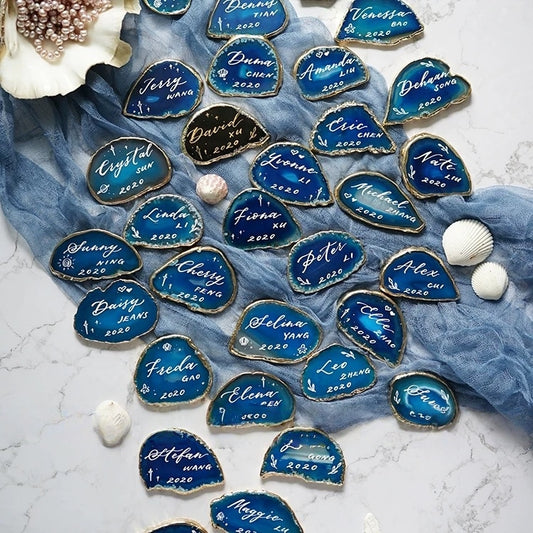 BLUE Gold Plated Edge Agate Slice: Natural Stone Place Cards (2.5-3.5")