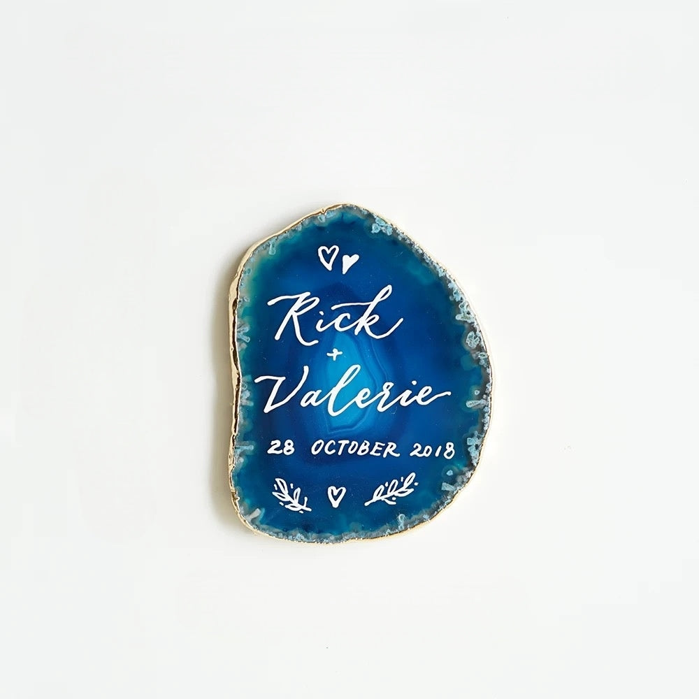 BLUE Gold Plated Edge Agate Slice: Natural Stone Place Cards (2.5-3.5")