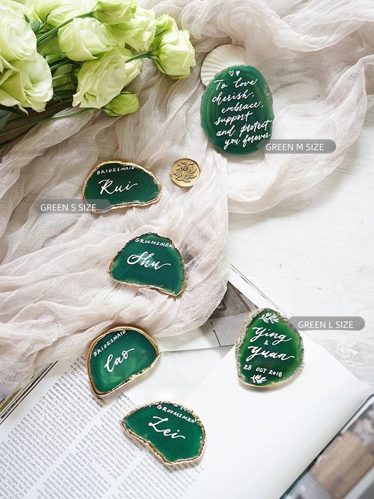 Green Gold Plated Edge Agate Slice: Natural Stone Place Cards (2.5-3.5")