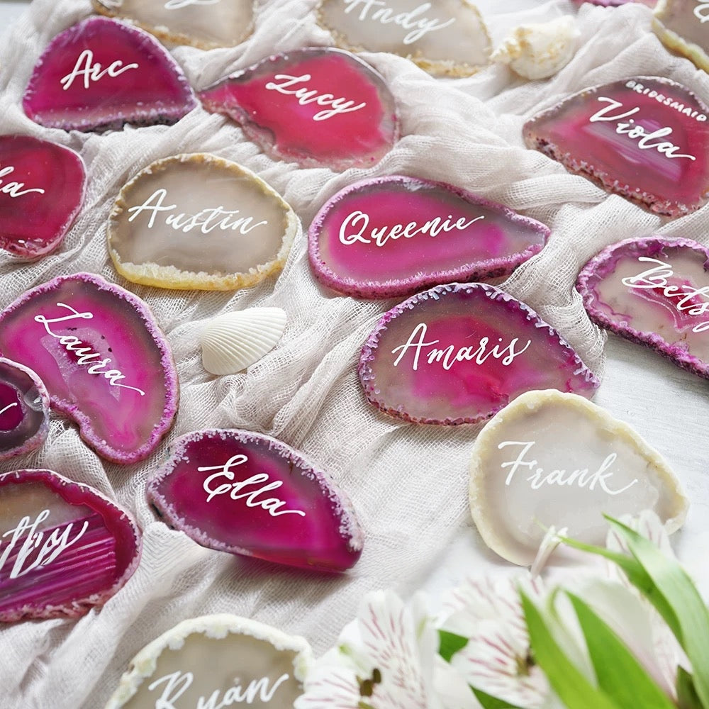 Pink Gold Plated Edge Agate Slice: Natural Stone Place Cards (2.5-3.5")