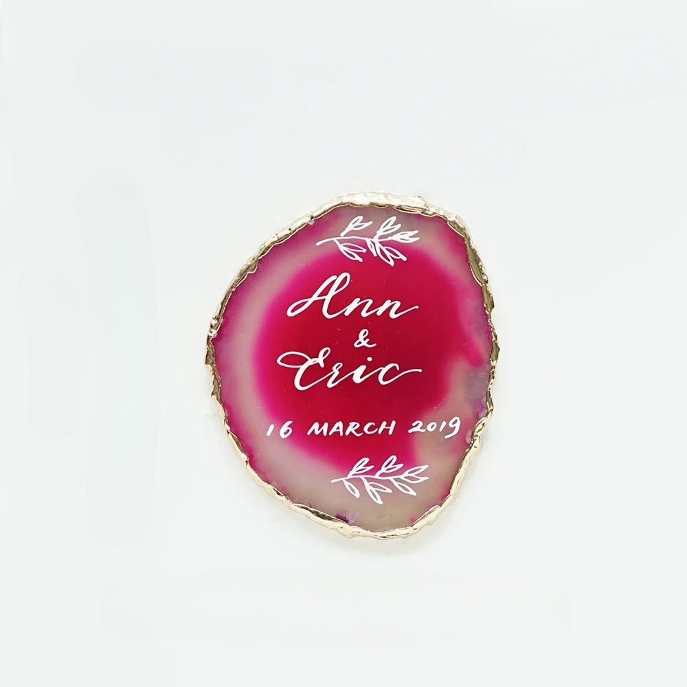 Pink Gold Plated Edge Agate Slice: Natural Stone Place Cards (2.5-3.5")