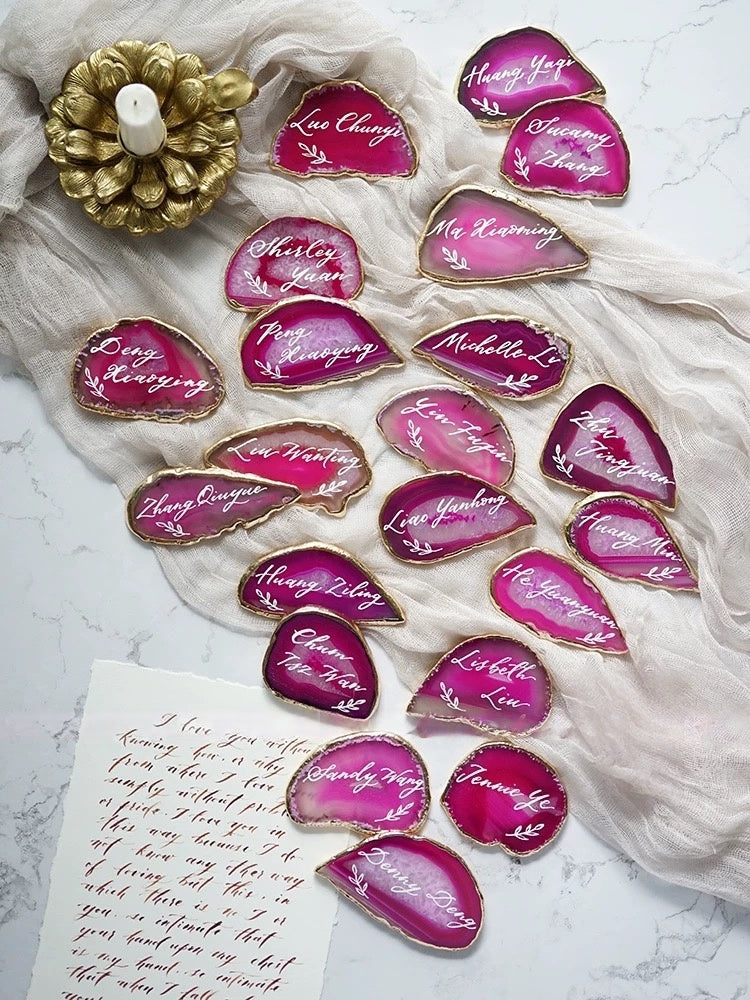 Pink Gold Plated Edge Agate Slice: Natural Stone Place Cards (2.5-3.5")