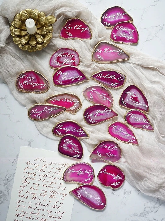 Pink Gold Plated Edge Agate Slice: Natural Stone Place Cards (2.5-3.5")