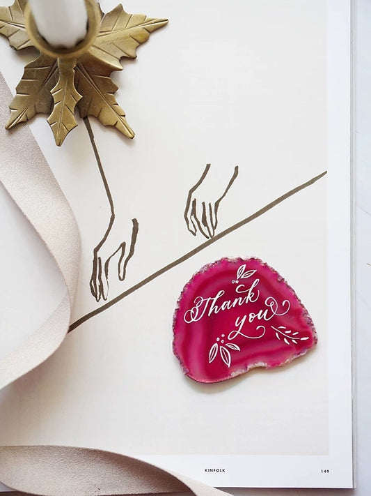 Pink Gold Plated Edge Agate Slice: Natural Stone Place Cards (2.5-3.5")