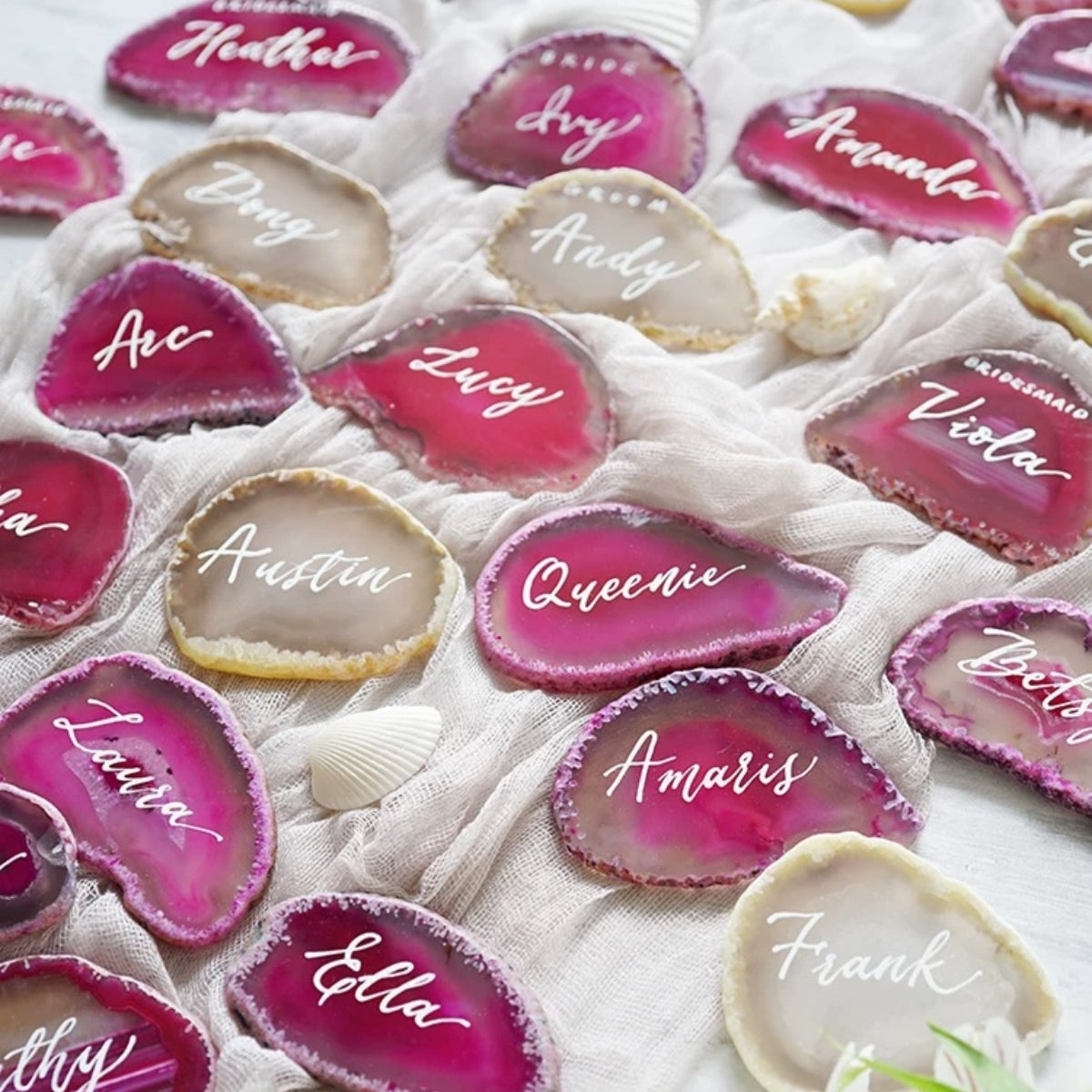 Pink Gold Plated Edge Agate Slice: Natural Stone Place Cards (2.5-3.5")
