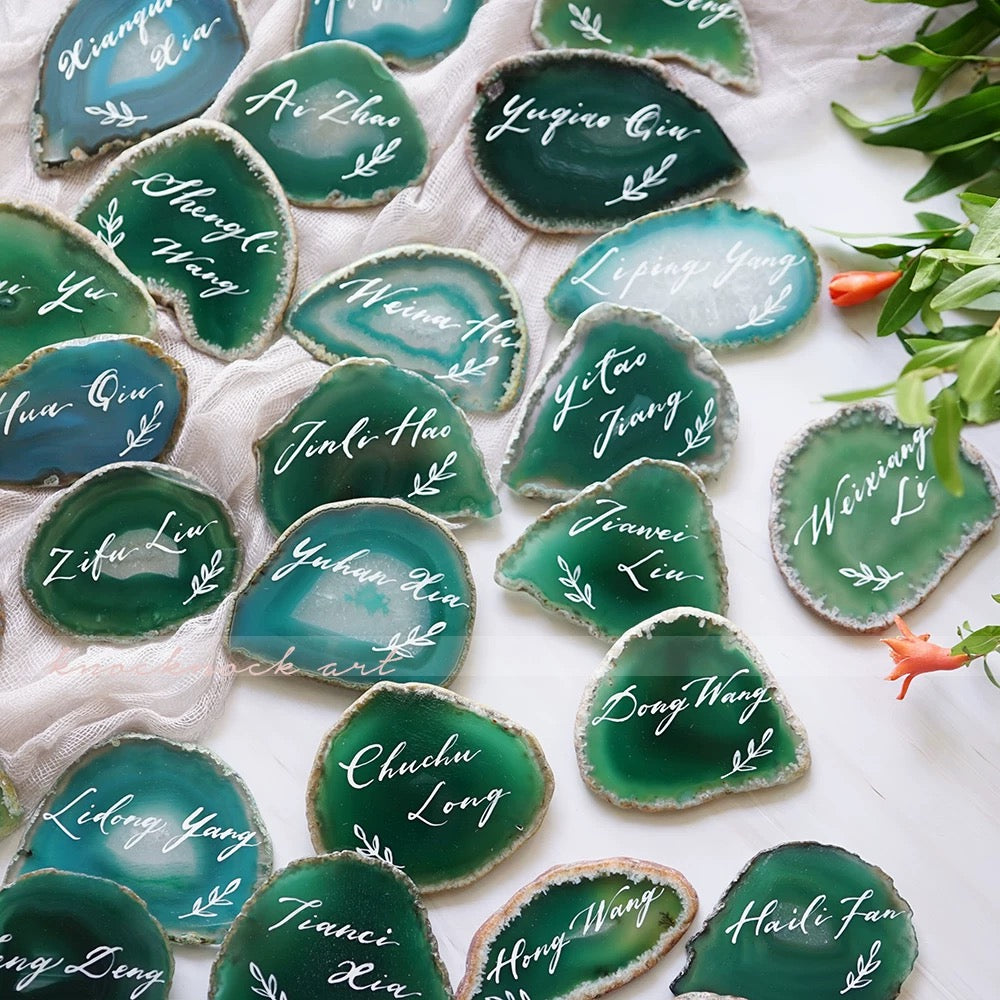 Green Gold Plated Edge Agate Slice: Natural Stone Place Cards (2.5-3.5")
