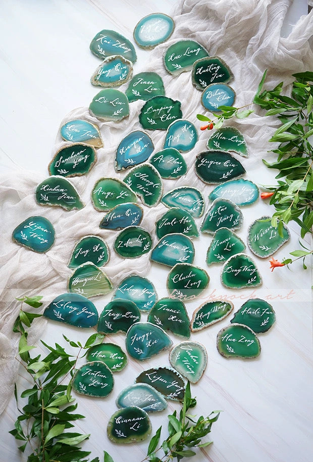 Green Gold Plated Edge Agate Slice: Natural Stone Place Cards (2.5-3.5")