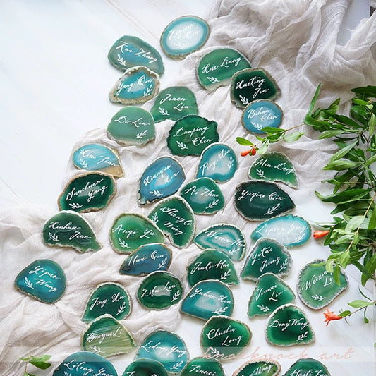 GREEN Agate Slice with Calligraphy : Natural Stone Place Cards (2.5-3.5")