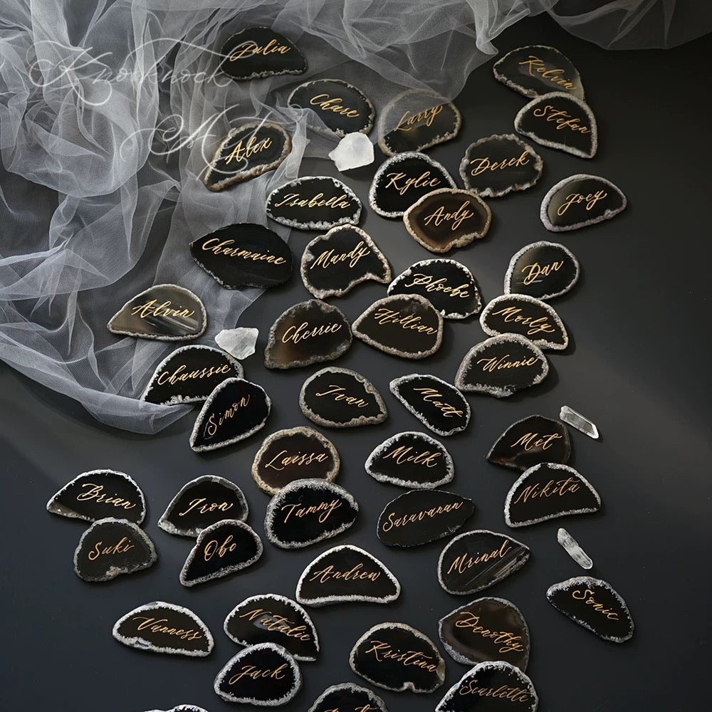 Black Gold Plated Edge Agate Slice: Natural Stone Place Cards (2.5-3.5")