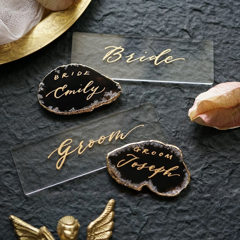 Black Gold Plated Edge Agate Slice: Natural Stone Place Cards (2.5-3.5")